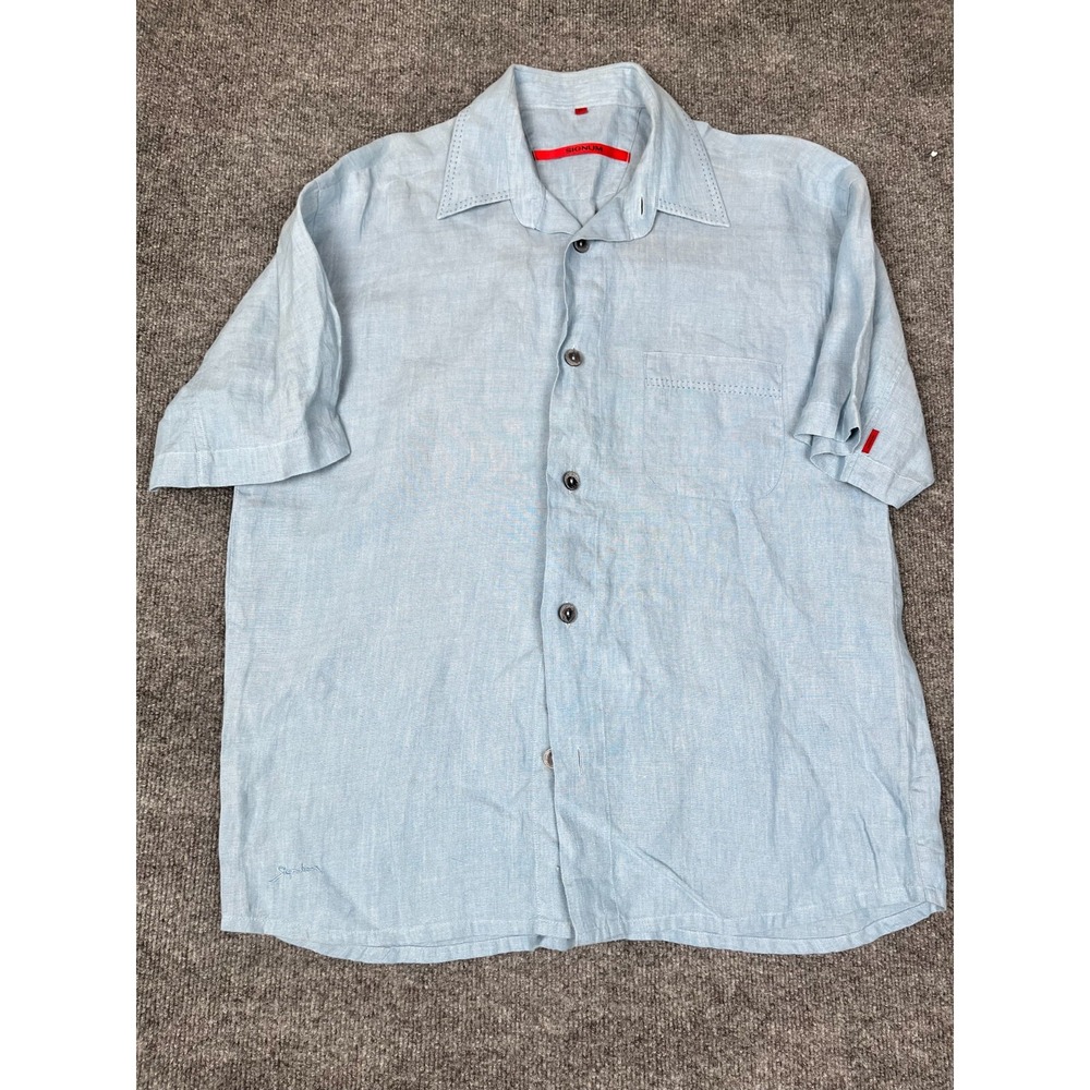 Signum Linen Short Sleeve Shirt Mens M‎ Blue Solid Button Down Casual Fresh